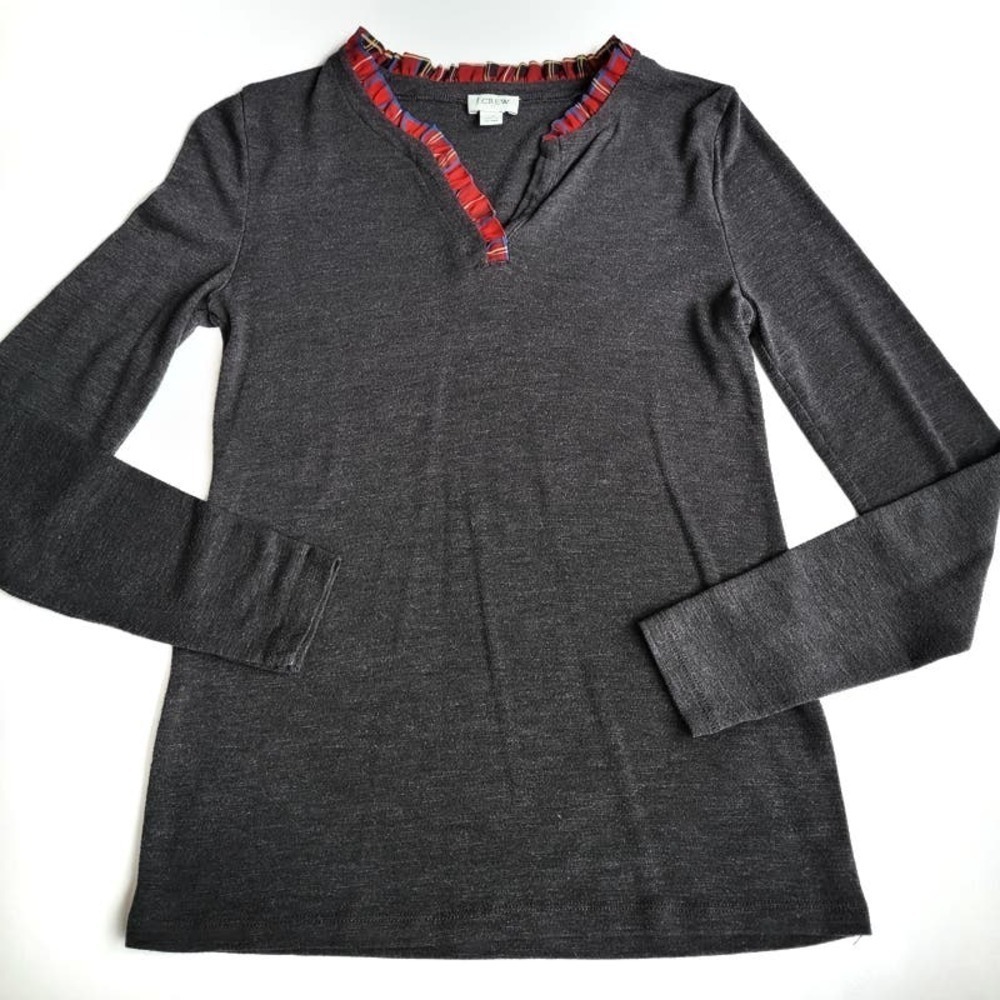 J.Crew XS Tartan Ruffle Vneck Top Grey Red Green